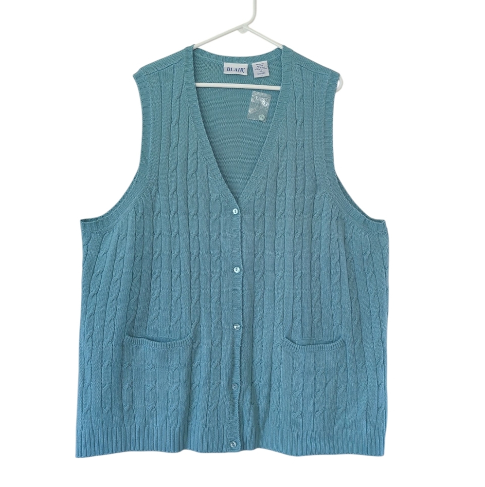 NWOT Blair Cable Knit Button V-Neck Acrylic Sweater Vest 3XL Green Pockets